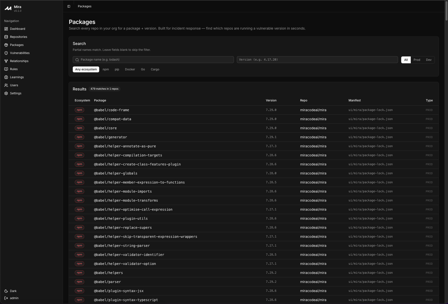 Mira Packages page with package-name and version filters, ecosystem tabs, and repository dependency results.